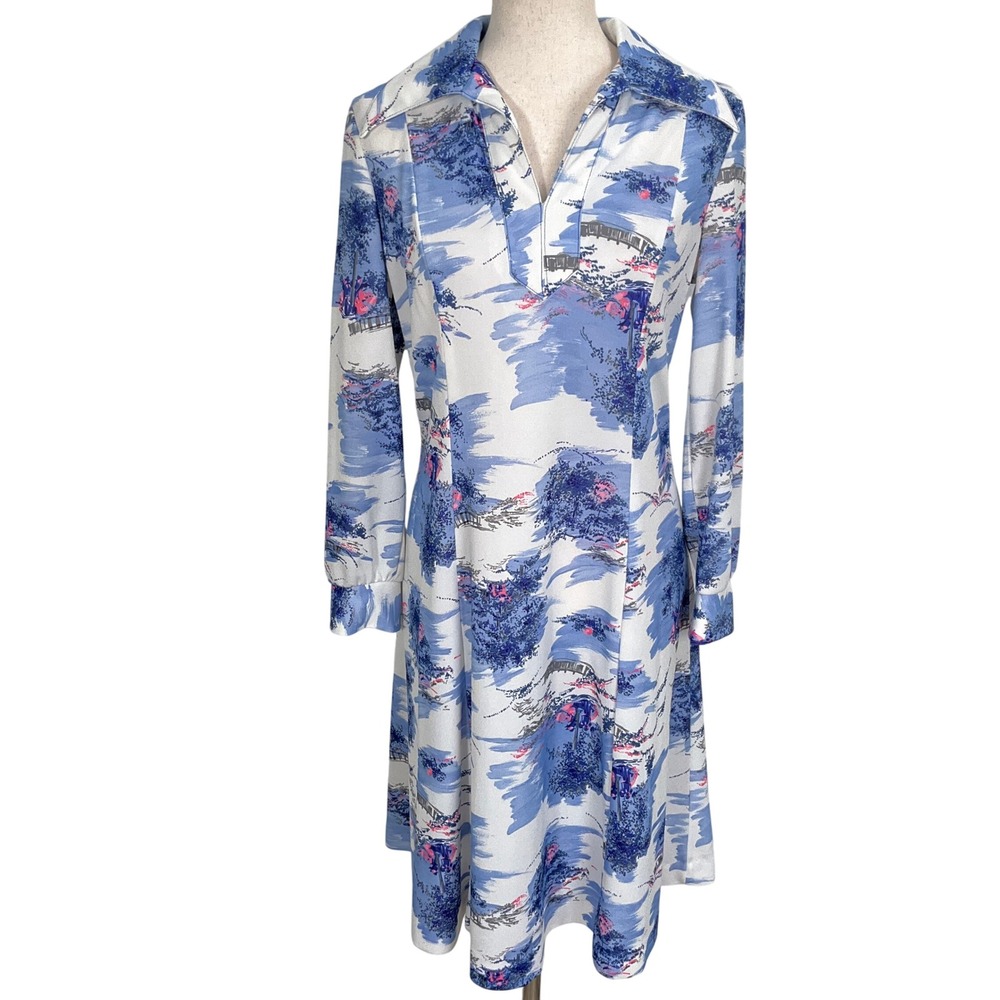 Handmade 70s Dress Women Medium Blue Pink Toile Cherry Tree Mod Shirt Mini Shift